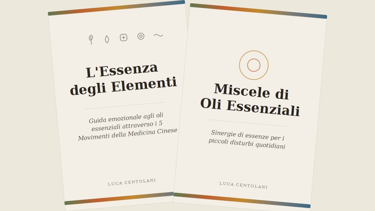 Le copertine delle due guide: L'Essenza degli Elementi e Miscele di Oli Essenziali